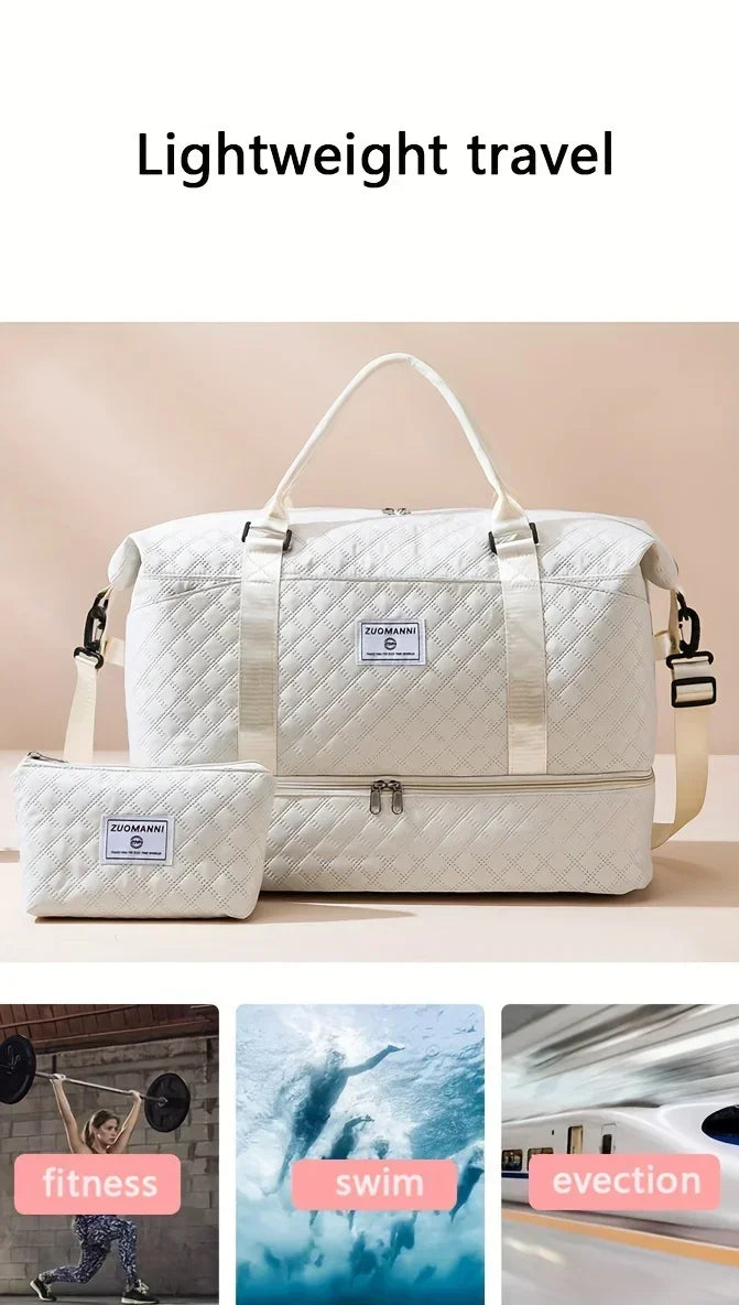 A white lightweight travel duffel bag with an attached shoe and cosmetic pouch shown next to fitness, swim, and eviction icon