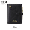 Black Miyin travel wallet with a gold airplane logo and zipper closure.