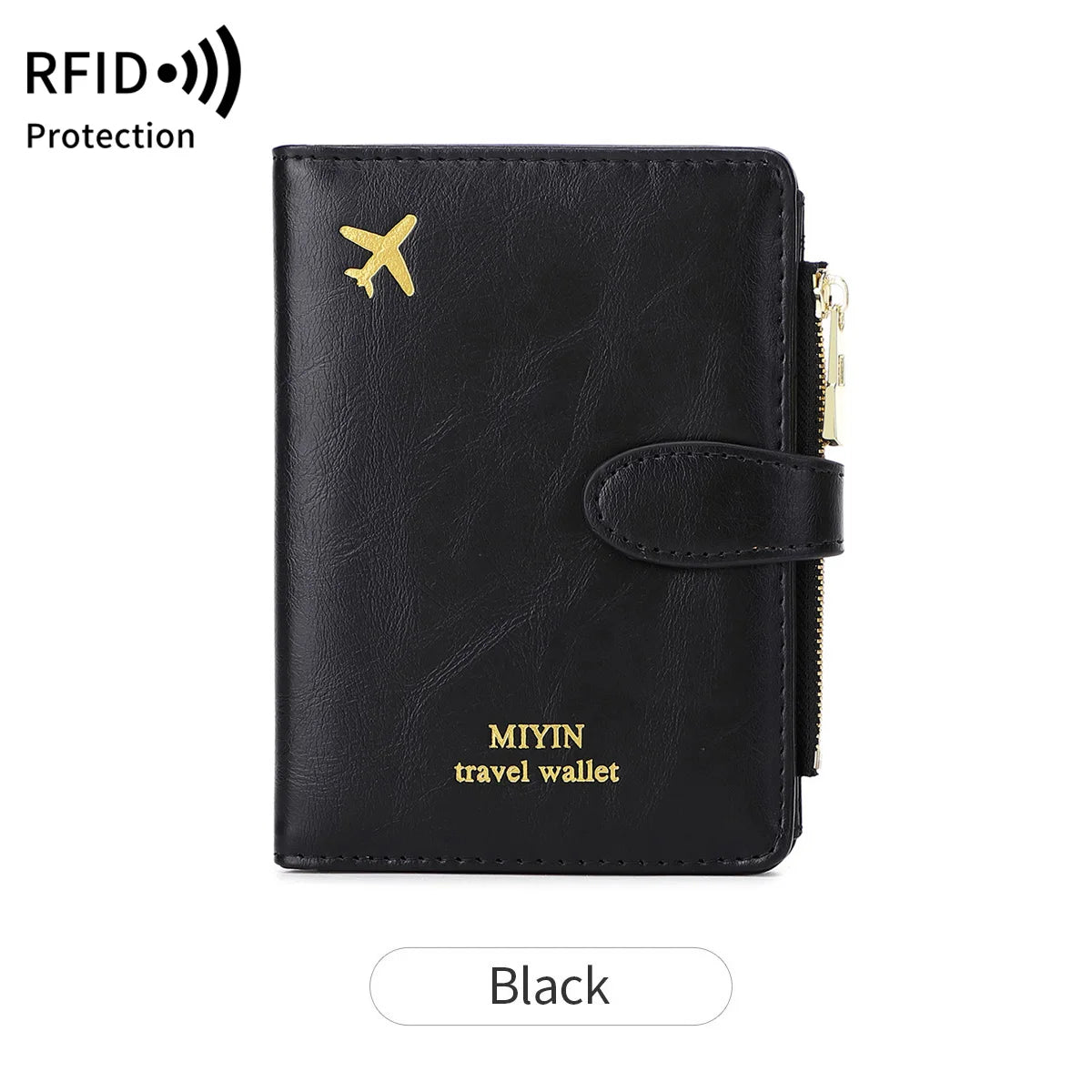 Black Miyin travel wallet with a gold airplane logo and zipper closure.