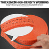 Close-up of thick orange webbing material demonstrating high tensile strength for vehicle securing straps.