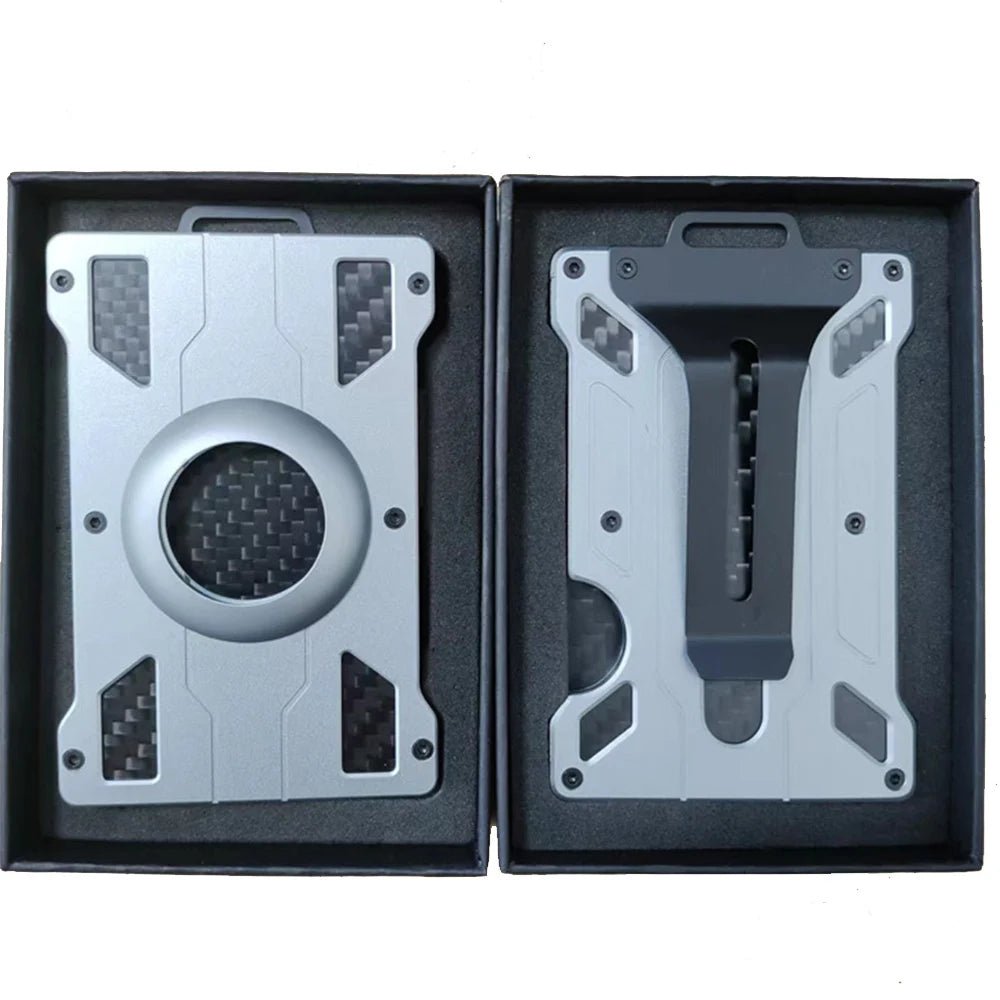 A pair of slim aluminum metal ID card wallets displayed in a black box, showing the front and back designs.