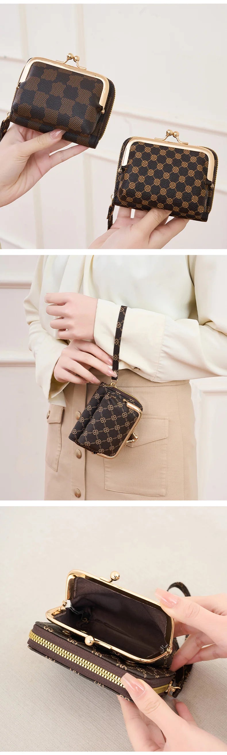 A close-up of a black and gold checkered print accordion card holder wallet being held by a hand.