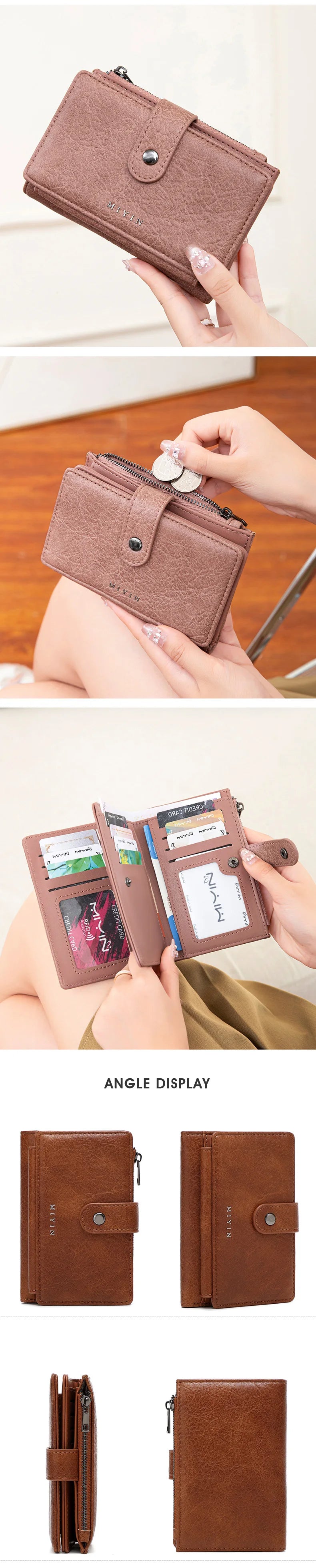 A brown women's RFID blocking clutch wallet shown in various angles and being held by a hand.