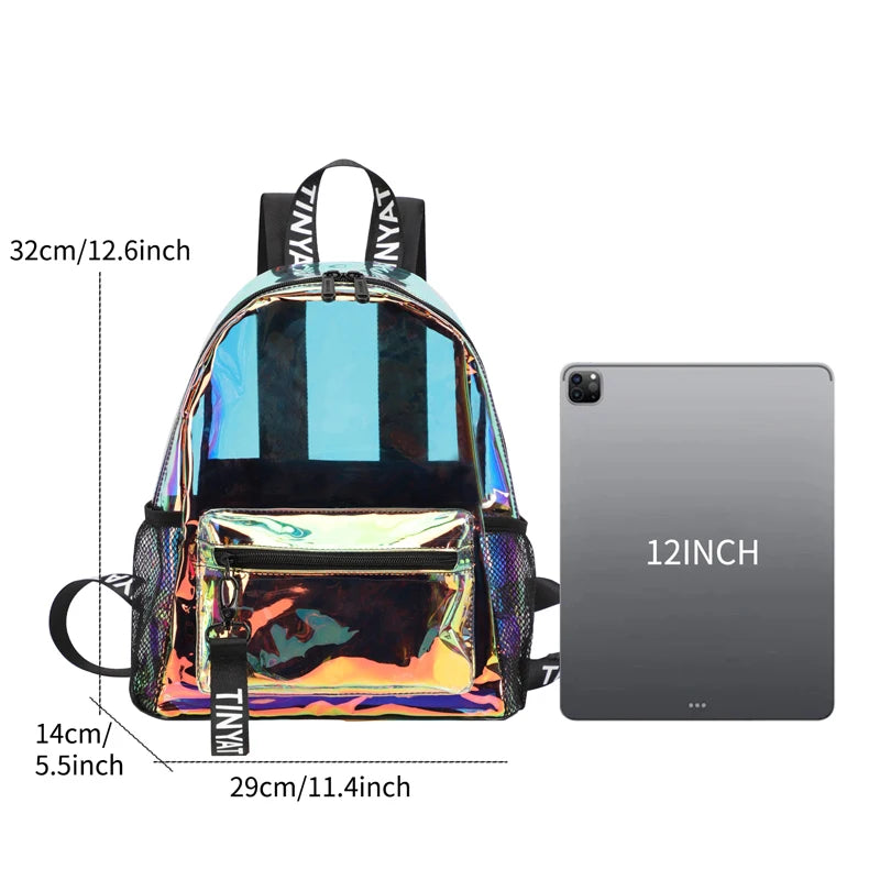 A clear PVC backpack with iridescent and metallic accents shown next to a 12-inch tablet.