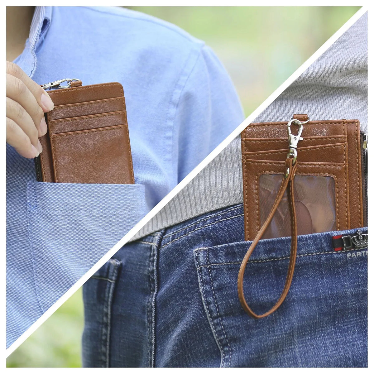 Braunes Leder-Ausweis-Etui mit Lanyard in blauer Hemd- und Jeans-Hosentasche