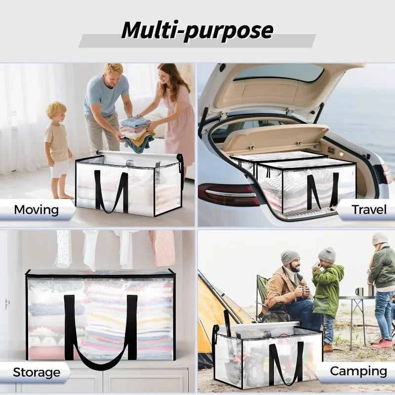 Multi-purpose heavy duty clear storage bins used for moving, travel, storage, and camping.