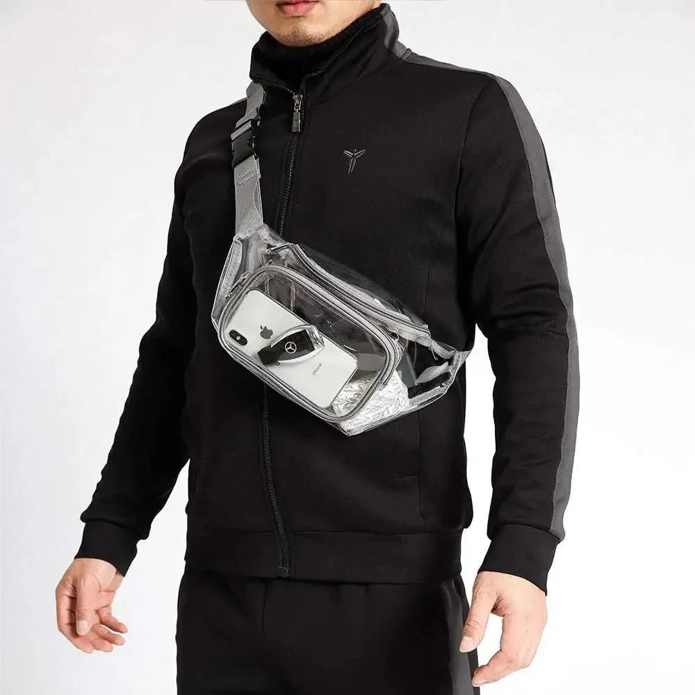 A person wearing a black zip-up jacket with a clear waterproof transparent fanny pack attached.