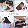 A multi-function black leather pencil case shown open and closed, with a purple fabric version nearby.