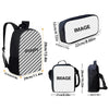 A black and white striped sports backpack for kids shown with various size dimensions.