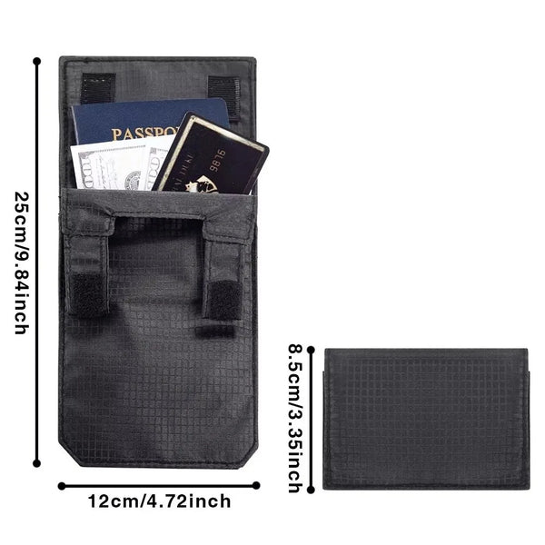 A black slim anti-theft belt wallet with hook and loop closure showing various cards and cash inside.