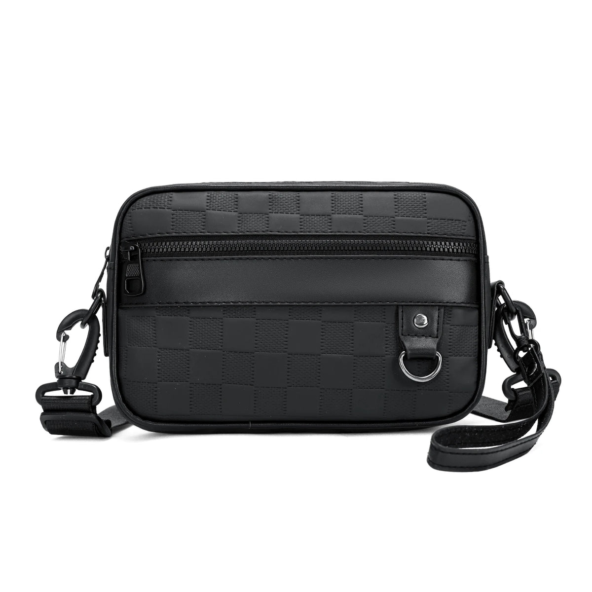 Black men's PU leather crossbody bag with a quilted texture and adjustable strap.
