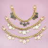 Gold and rose gold layered charm extension necklace featuring bag flower pearl charms
