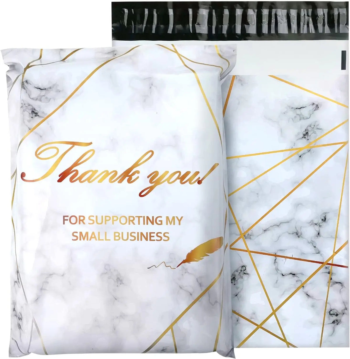 White poly mailers with gold marble patterns and thank you text for small business packaging