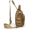 A tan tactical sling bag with a woven strap is shown against a white background.