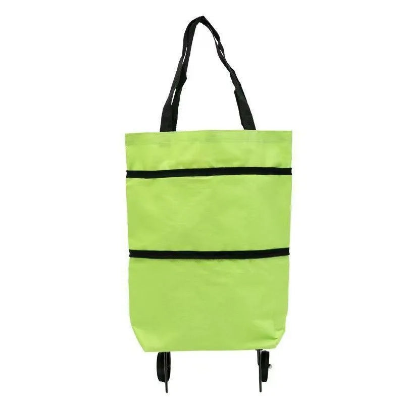 A lime green foldable grocery and shopping cart with black straps.