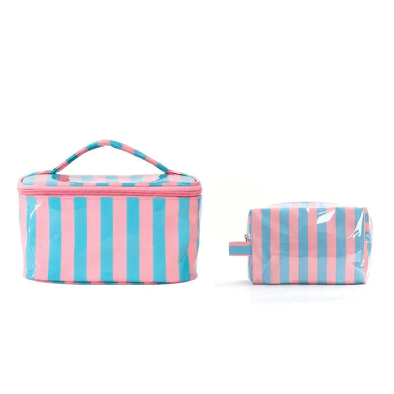 Bolsa de almacenamiento de cosméticos y artículos de tocador a rayas rosas y turquesas.