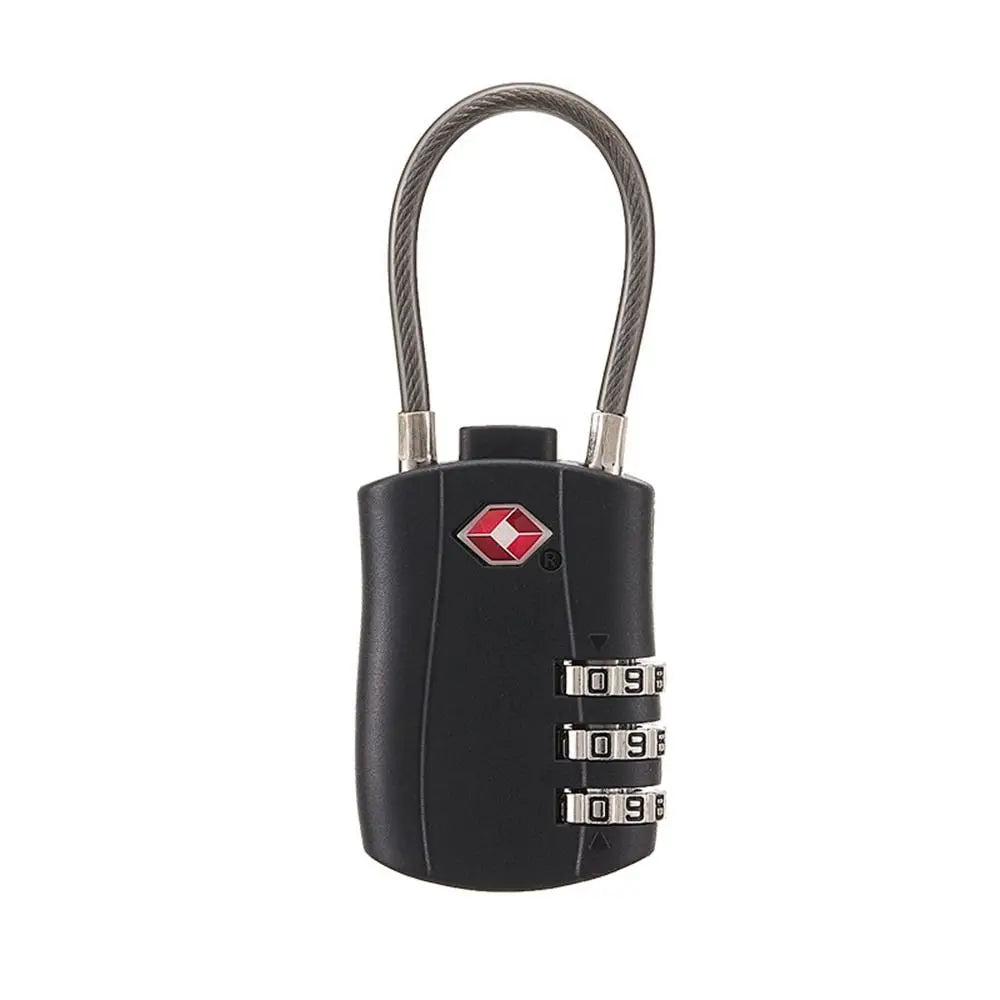 A black cable lock with a braided handle and three dials for combination locking.