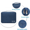 A dark blue portable digital organizer storage pouch featuring a sturdy handle, double zipper, and anti-splash water protecti