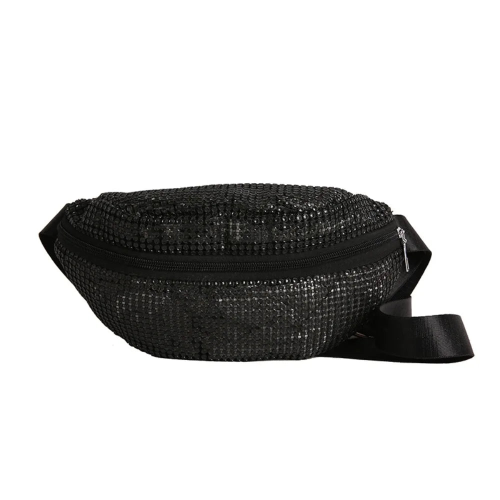 Black rhinestone-embellished crossbody waist bag with an adjustable strap