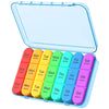 A clear weekly pill organizer with compartments labeled Sun through Sat for travel.