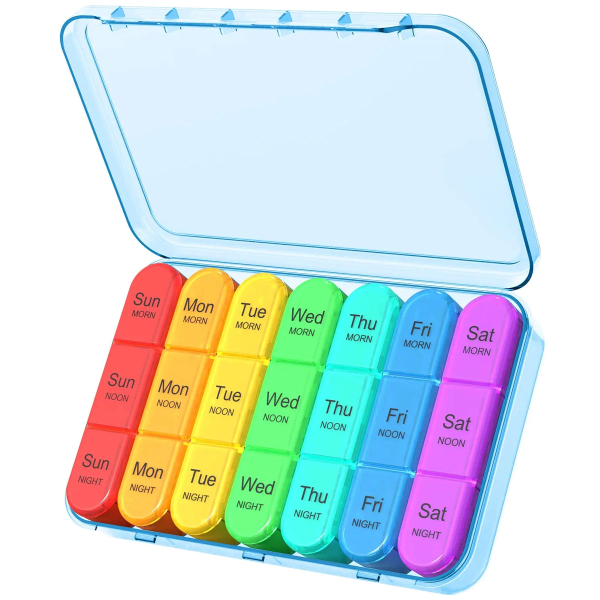 A clear weekly pill organizer with compartments labeled Sun through Sat for travel.