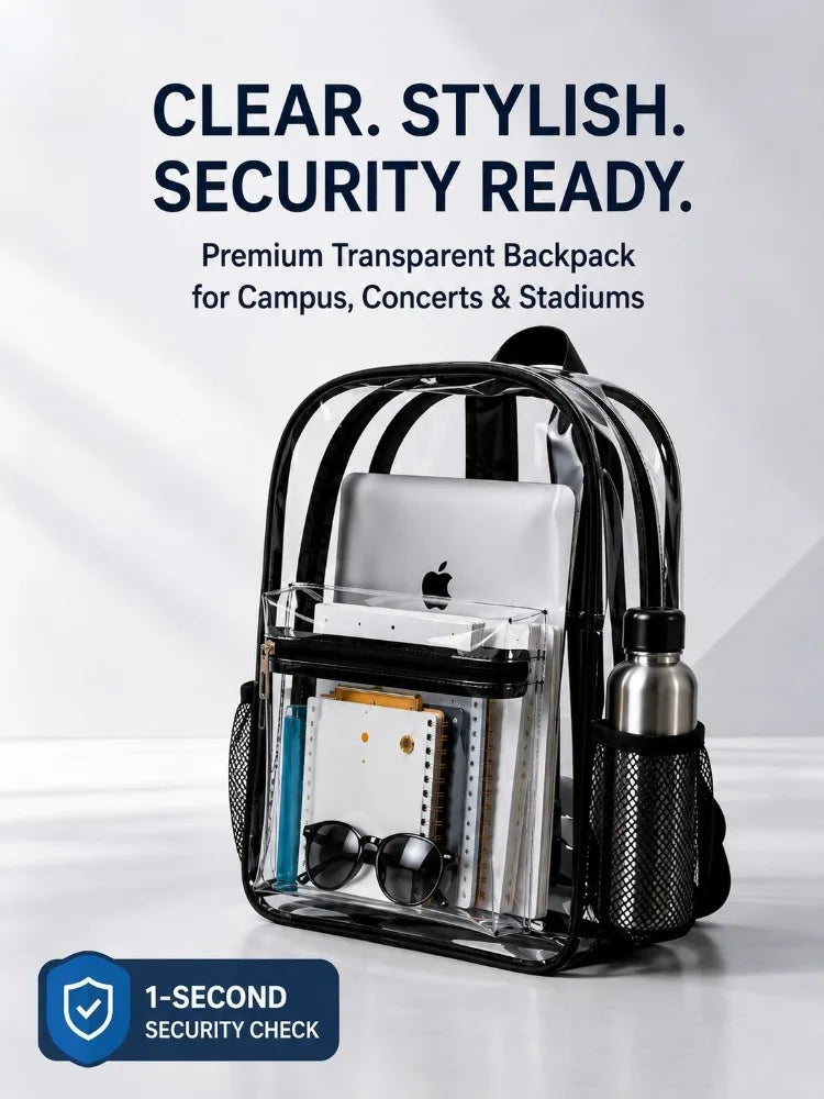A clear transparent backpack with multiple compartments and a security check feature is shown on a white surface.