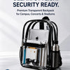 A clear transparent backpack with multiple compartments and a security check feature is shown on a white surface.