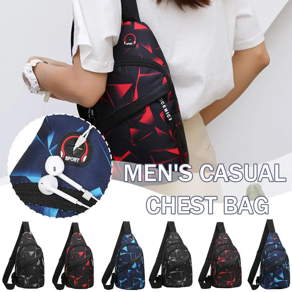 Various black, red, and blue waterproof chest bags for men shown in different angles
