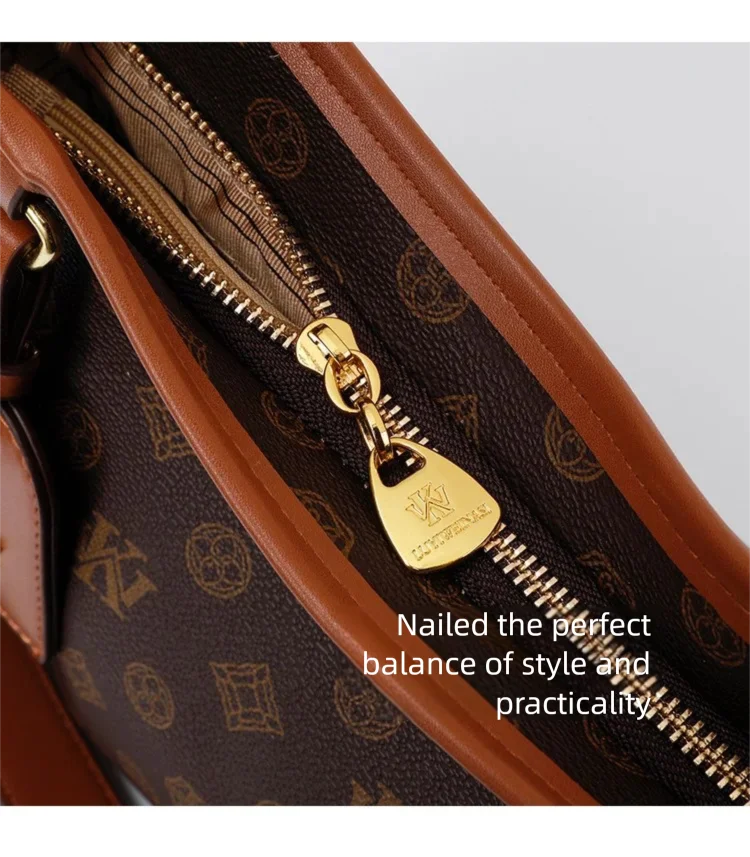 Close-up of a brown leather crossbody bag featuring gold hardware and a textured print.