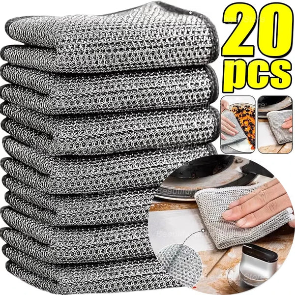 A stack of twenty reusable metal mesh dish cloths with intricate patterns shown in various angles.