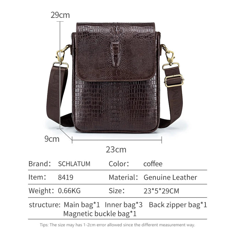 Dunkelbraunes, echtes Leder Vintage-Krokodil-Muster-Shoulderbag mit goldfarbenem Riemen.