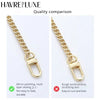 Comparison of two gold chain bag straps showing differences in polishing, workmanship, and durability