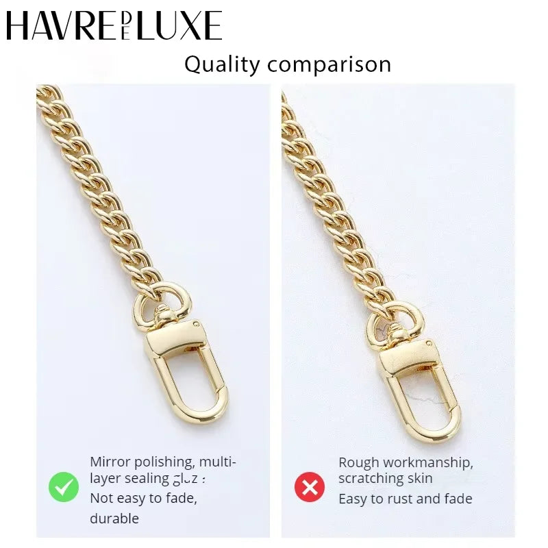 Comparison of two gold chain bag straps showing differences in polishing, workmanship, and durability