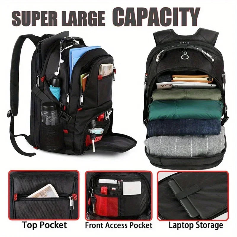 A black durable travel backpack with multiple pockets and laptop storage options.