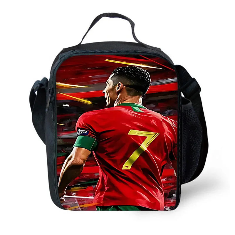 A red soccer jersey with the number 7 worn by a male model is featured on a black backpack.