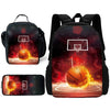 A black sports backpack featuring a basketball design with fiery orange and red accents.