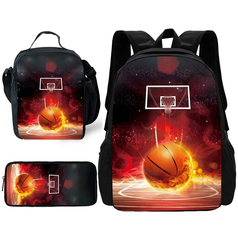 A black sports backpack featuring a basketball design with fiery orange and red accents.