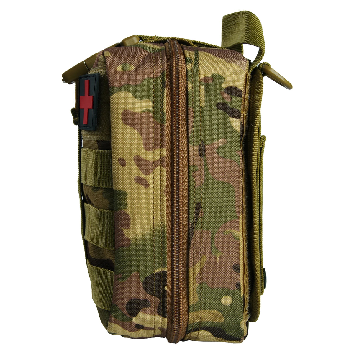 A olive green camouflage tactical waist pack bag with a vertical zipper and a red cross patch.