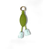 A set of blue floral PU leather keychain and bag charm featuring a green oval charm and two light blue teardrop charms.