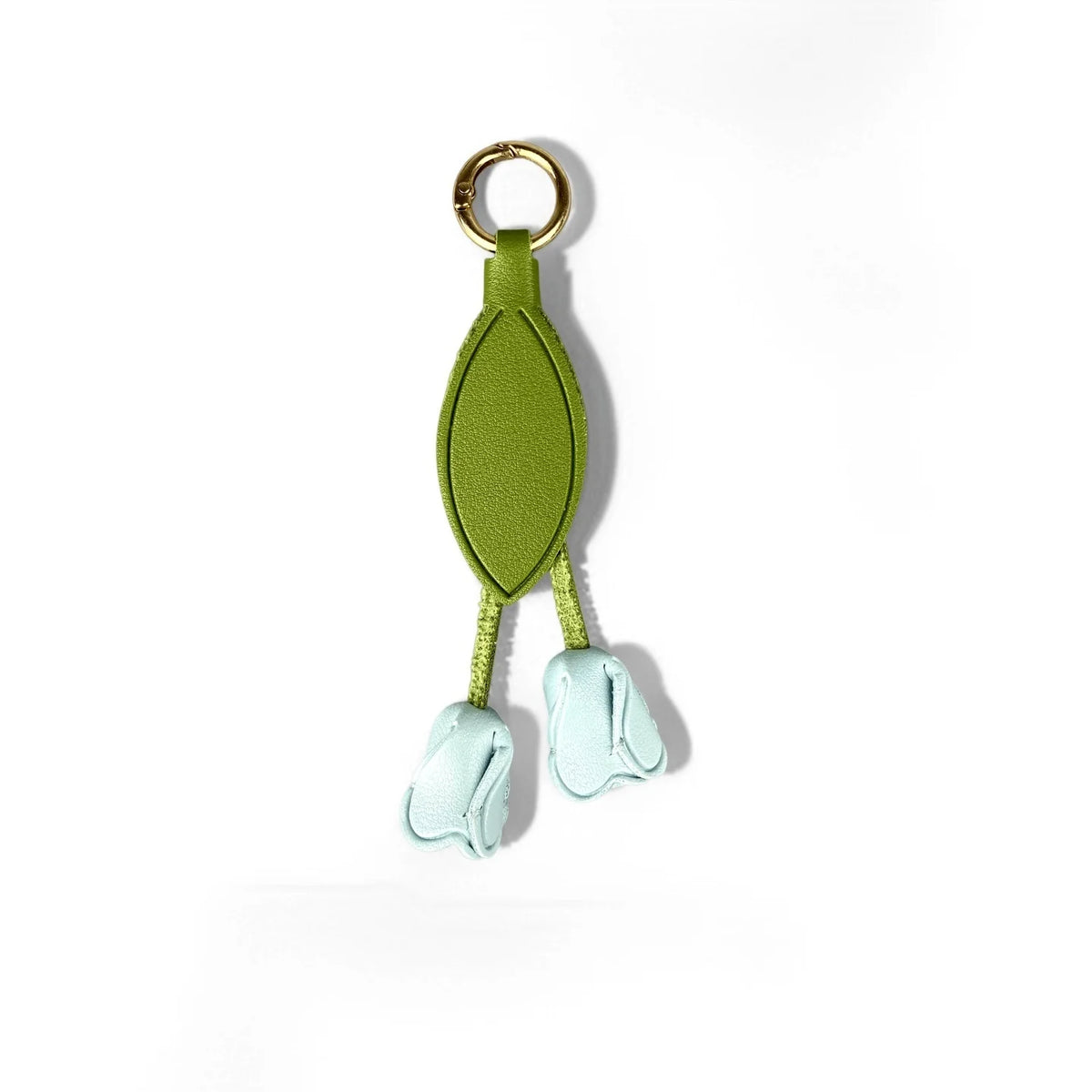 A set of blue floral PU leather keychain and bag charm featuring a green oval charm and two light blue teardrop charms.