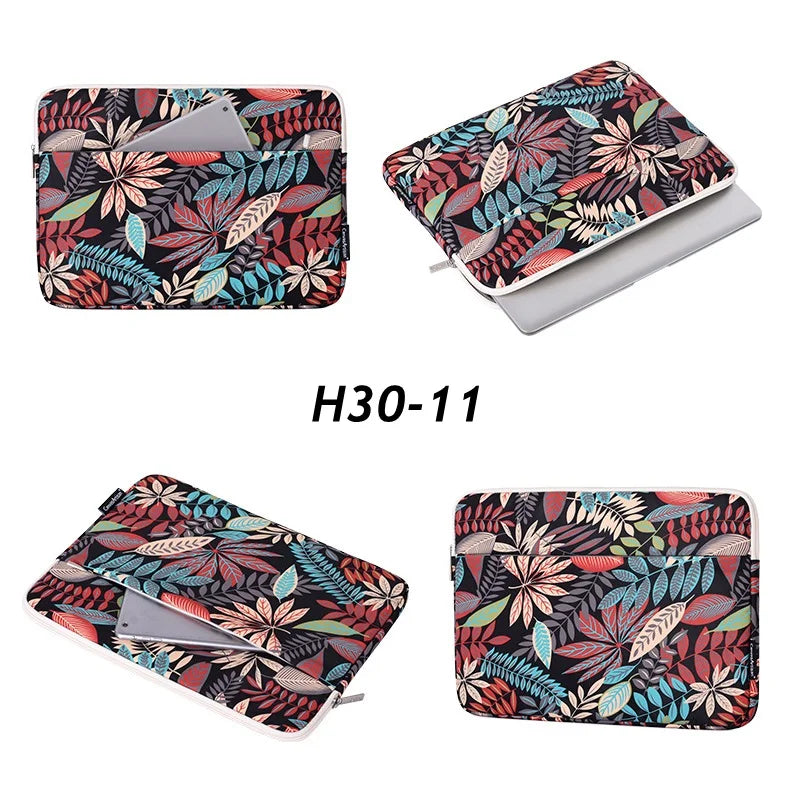 A patterned floral laptop sleeve in pink, green, and black fabric shown from multiple angles.