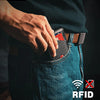 A hand is shown inserting an RFID blocking card into a jean pocket, demonstrating protection for credit and debit cards.