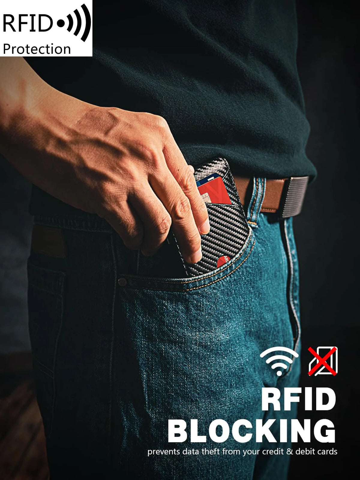 A hand is shown inserting an RFID blocking card into a jean pocket, demonstrating protection for credit and debit cards.