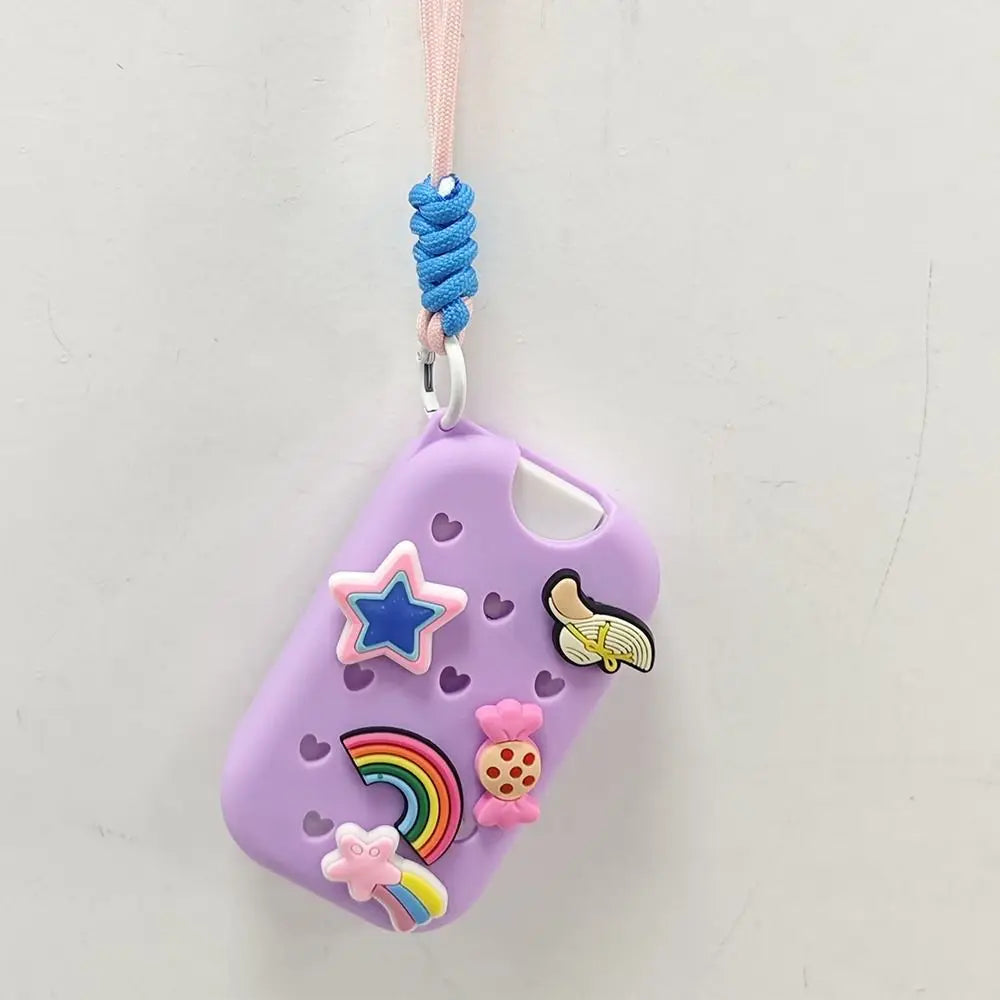 Purple EVA protective case for hand sanitizer spray with a star charm and rainbow decoration on a pink cord keyring