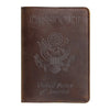 A brown leather passport holder embossed with the words PASSPORT and the seal of the United States of America