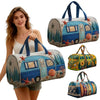 A woman holds a quilted blue and green travel duffle bag with a striped fabric pattern.