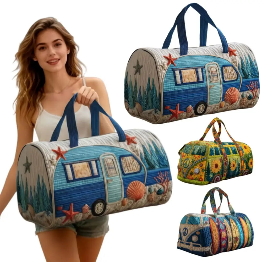 A woman holds a quilted blue and green travel duffle bag with a striped fabric pattern.