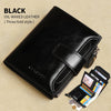 Black oil-waxed leather three fold style wallet with RFID blocking features