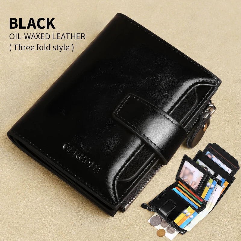 Black oil-waxed leather three fold style wallet with RFID blocking features
