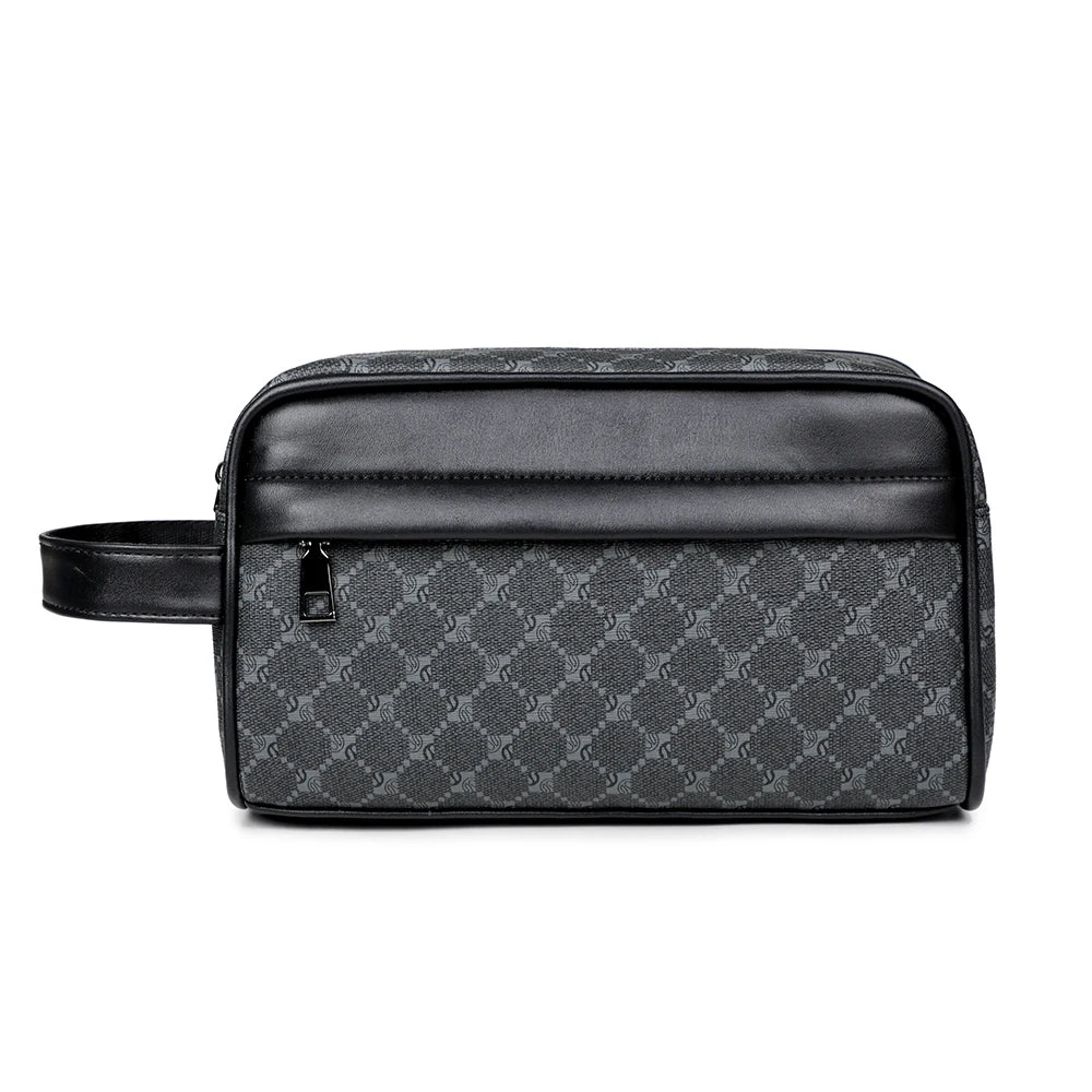 A black PU leather clutch bag with a quilted pattern and a flap closure.